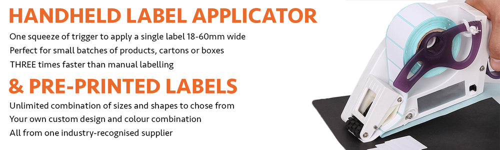 Handheld Label Applicator. Handheld Label Dispenser. Lightweight, for one handed use. Apply labels three times faster than by hand. And Rote supply pre-printed labels of almost unlimited size, colour combination and shape.