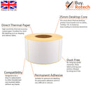 Single roll of white direct thermal labels with yellow backing paper, sitting upright on a white surface, labelled with descriptive features