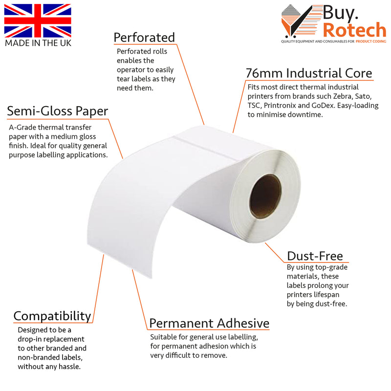 Slightly unravelled single roll of white thermal transfer labels with white backing paper sitting sideways on a white surface, labelled with descriptive features
