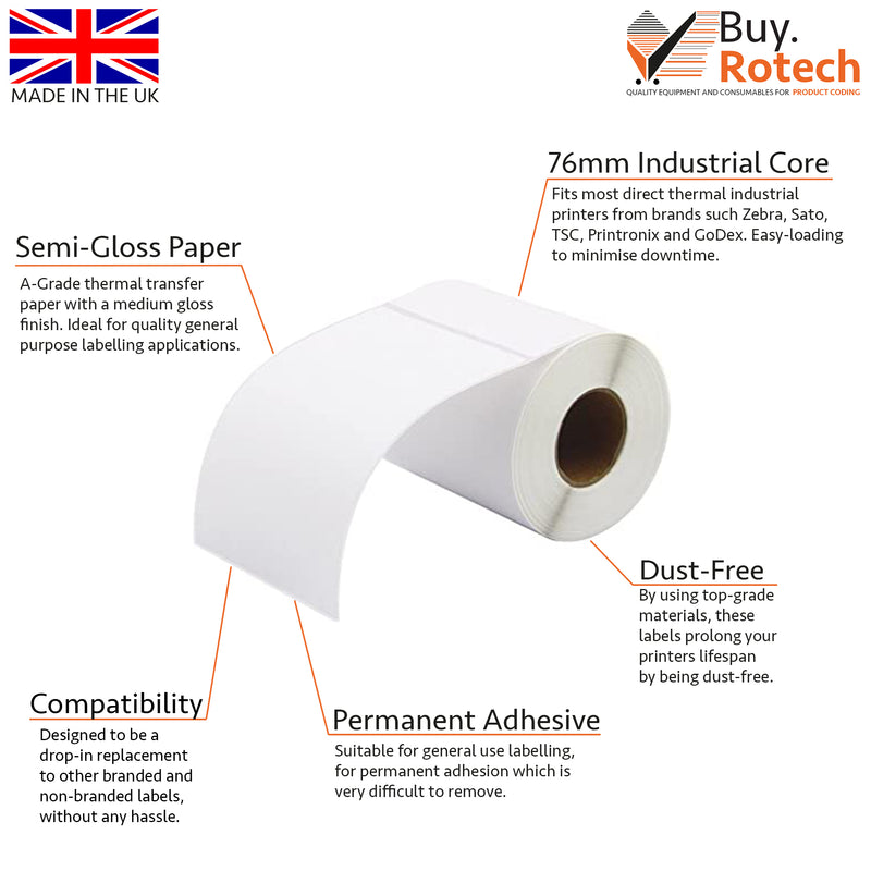 Slightly unravelled single roll of white thermal transfer labels with white backing paper sitting sideways on a white surface, labelled with descriptive features