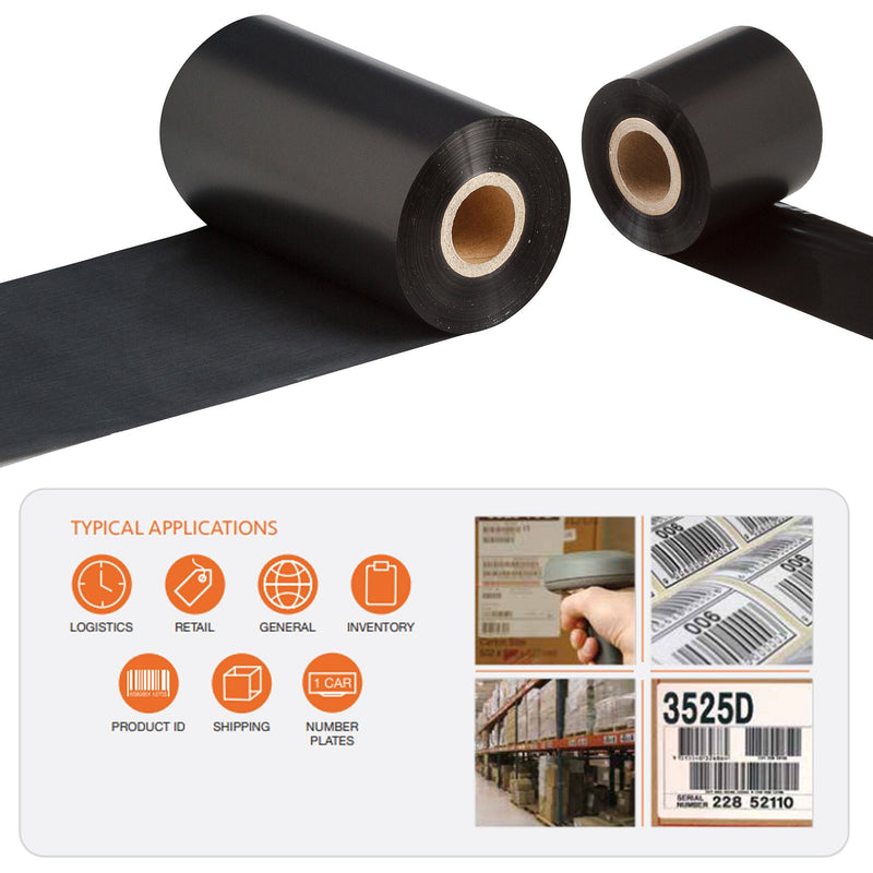 Two sizes of black thermal transfer ribbon rolling along a white surface