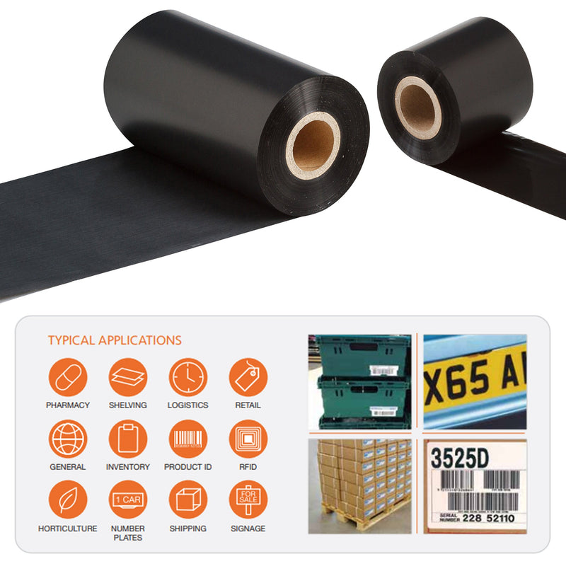 Two sizes of black thermal transfer ribbon rolling along a white surface