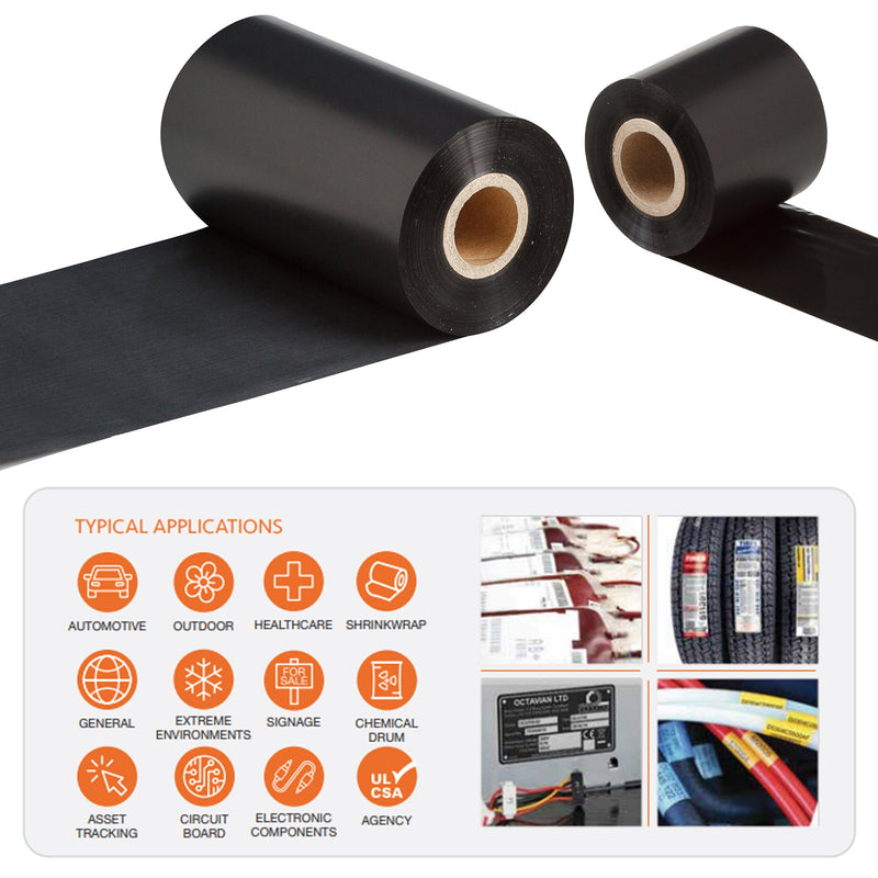 Two sizes of black thermal transfer ribbon rolling along a white surface