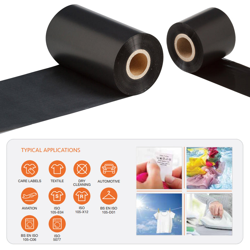 Two sizes of black thermal transfer ribbon rolling along a white surface