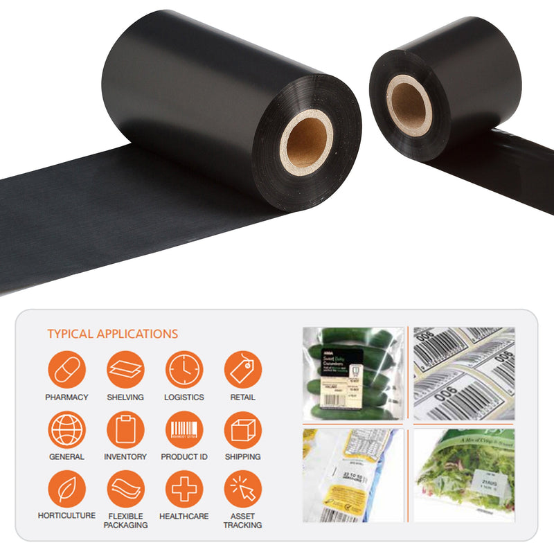 Two sizes of black thermal transfer ribbon rolling along a white surface