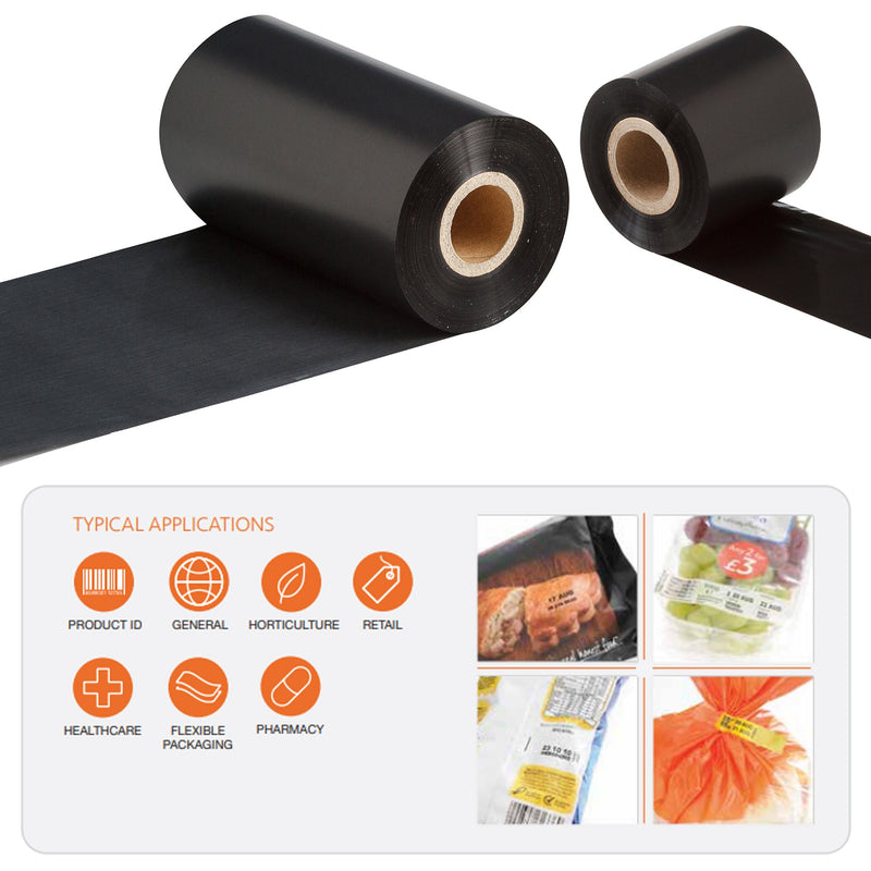 Two sizes of black thermal transfer ribbon rolling along a white surface