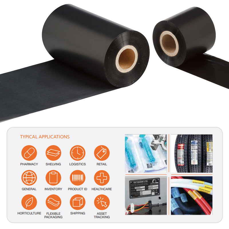 Two sizes of black thermal transfer ribbon rolling along a white surface